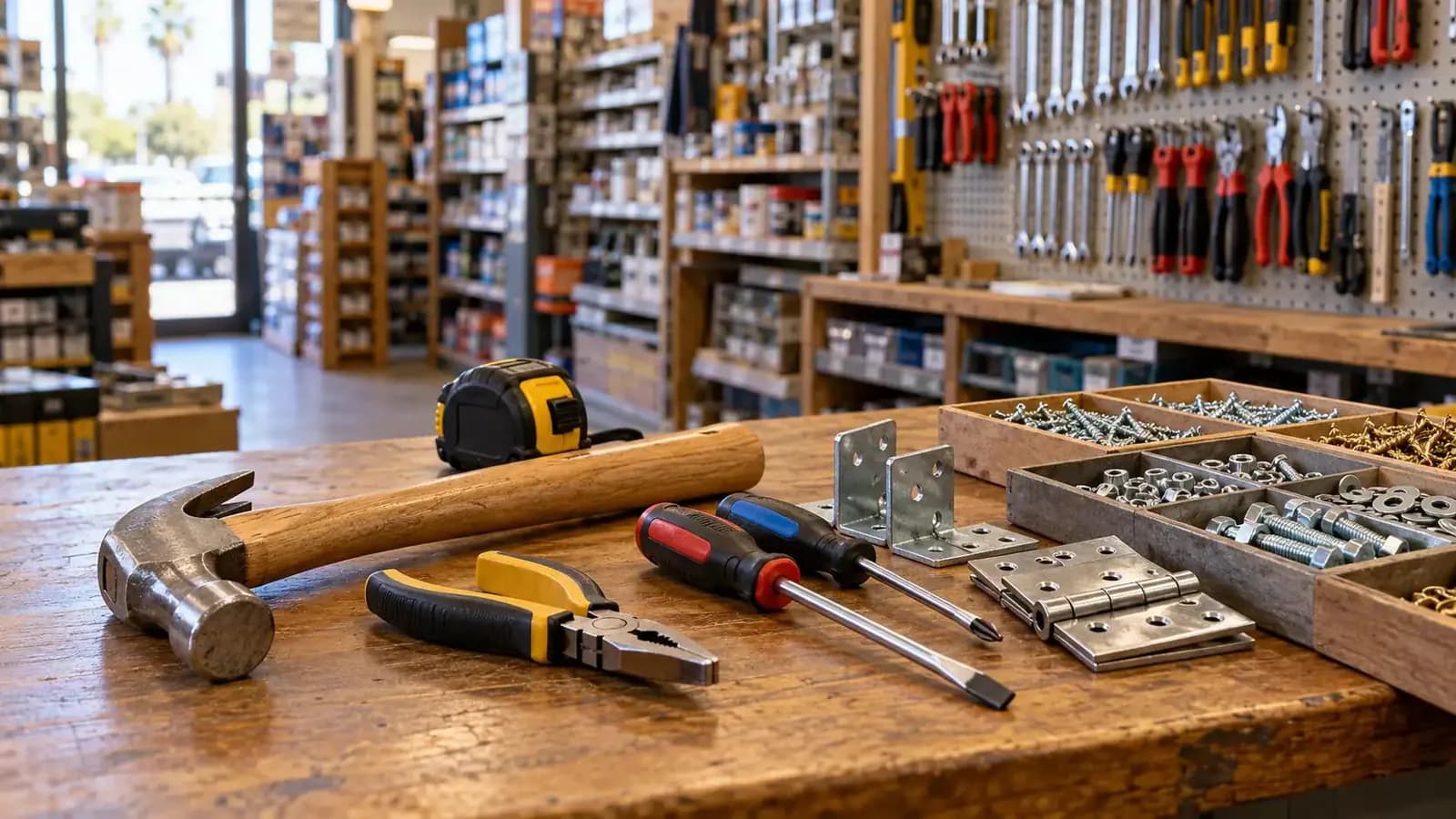 Tools and supplies at a hardware trade counter