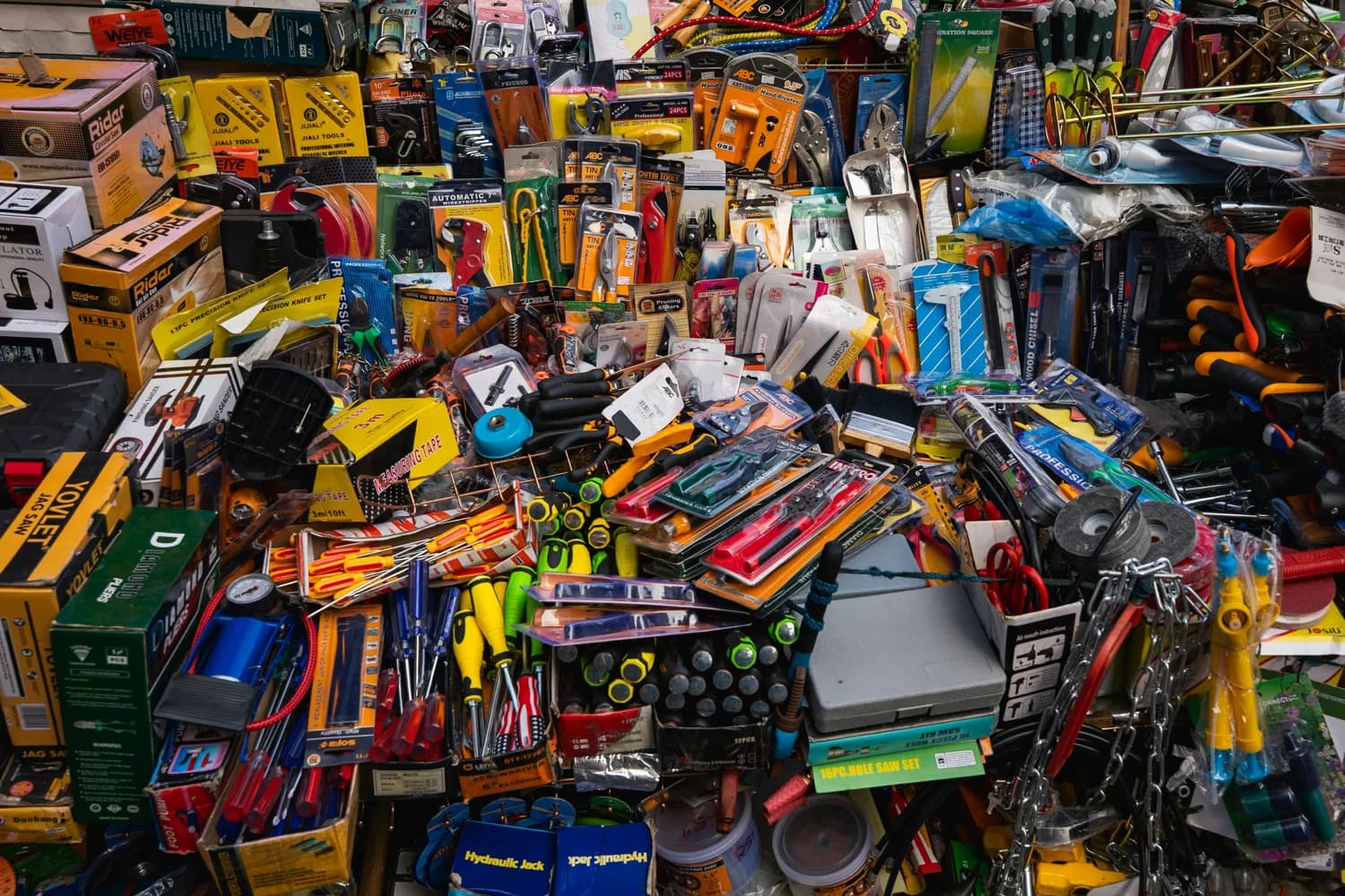 A hardware shop display filled with hand tools and everyday supplies