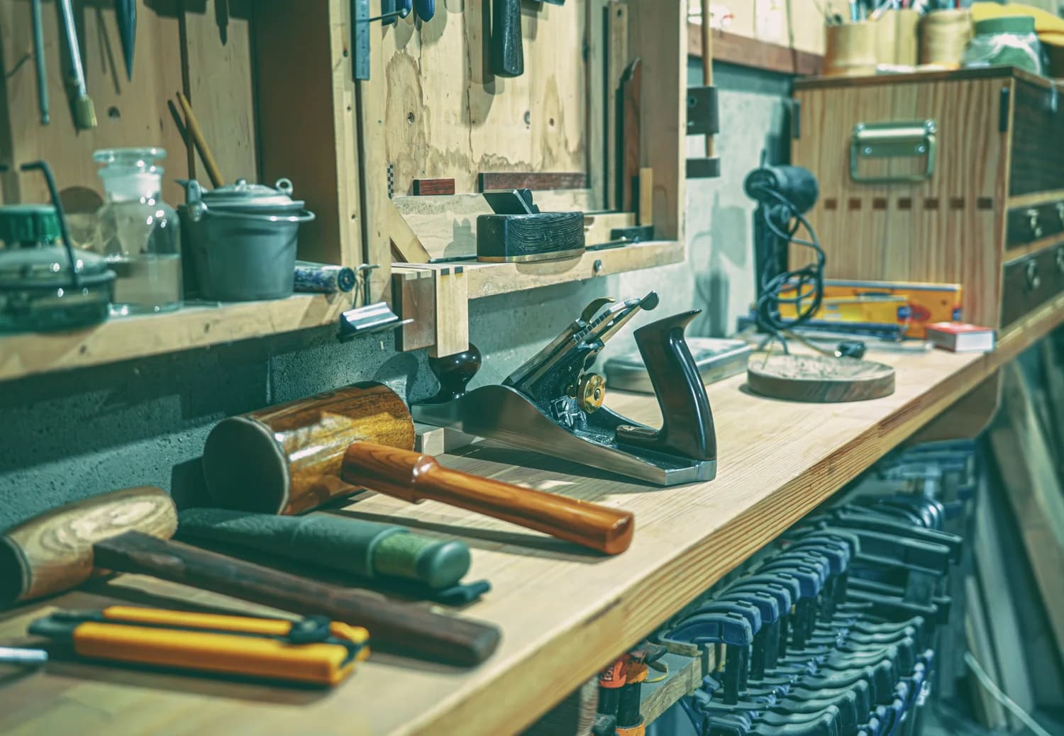 A woodworking bench with hand tools and organized storage