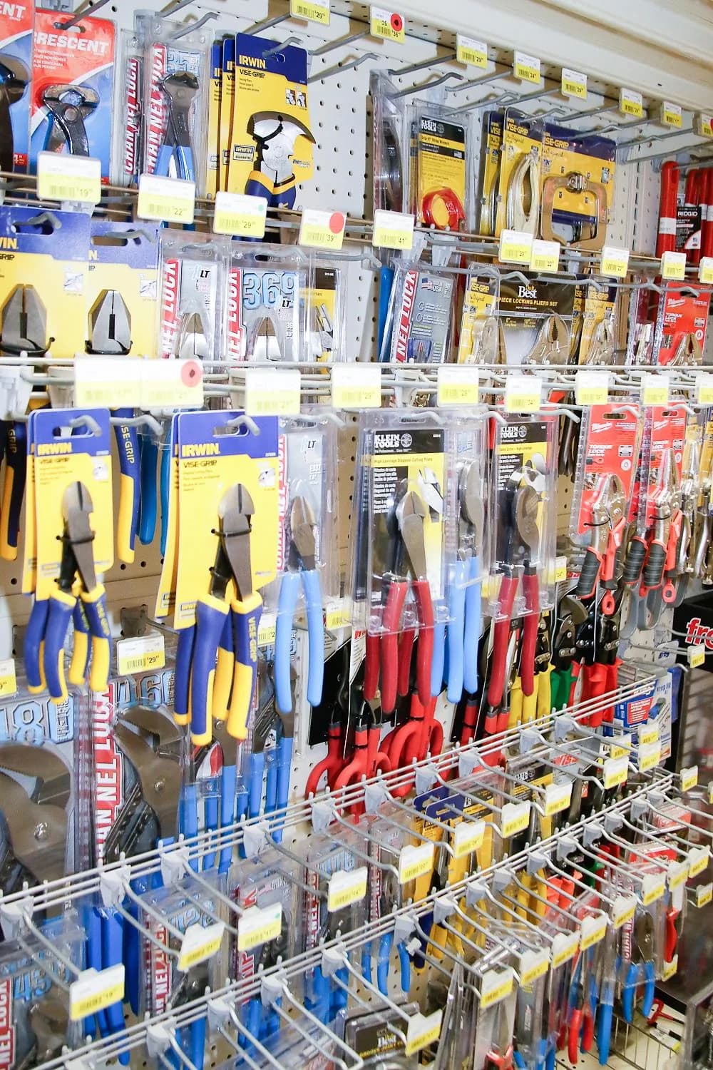 Hand tools displayed in a hardware shop
